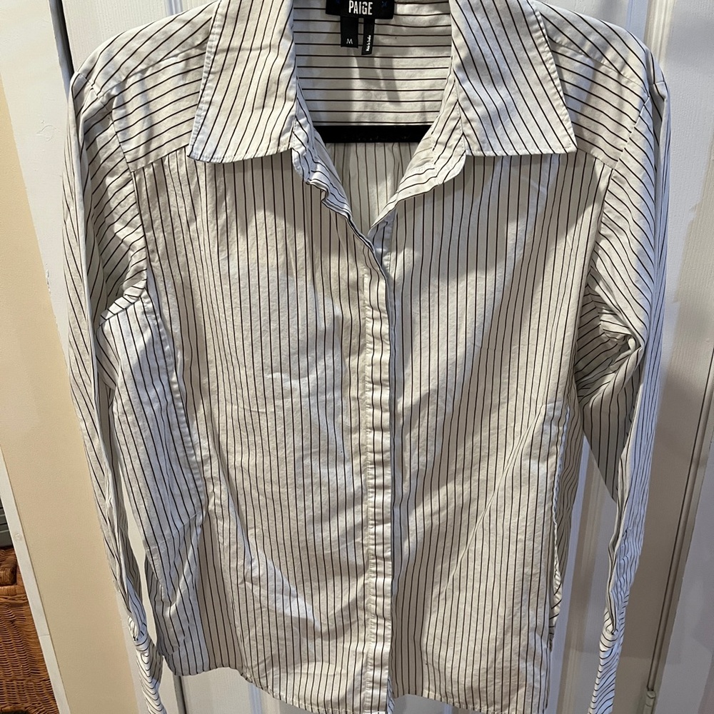 PAIGE Women’s  White and Brown Striped Button Down Shirt Size M
